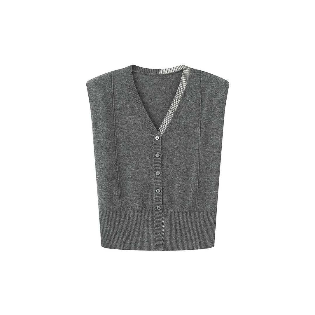 【艾家商场同款】2025秋款时尚百搭V领气质无袖针织马甲女上衣3042