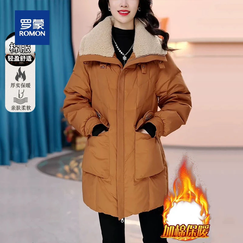 罗蒙妈妈冬装中长款棉服女新款时尚加绒加厚保暖中年人棉衣外套