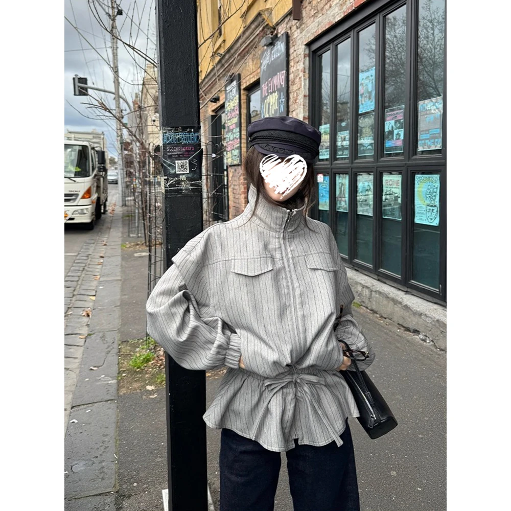 翻领条纹收腰抽绳外套拉链夹克早秋 81155