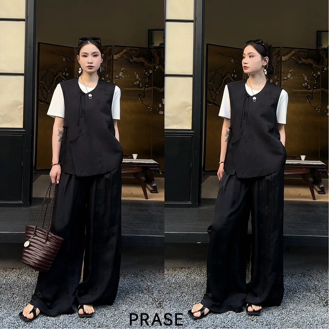 PRASE·噜【缎墨】微胖轻奢设计款夏女新中式复古马甲套装PR505C34/3