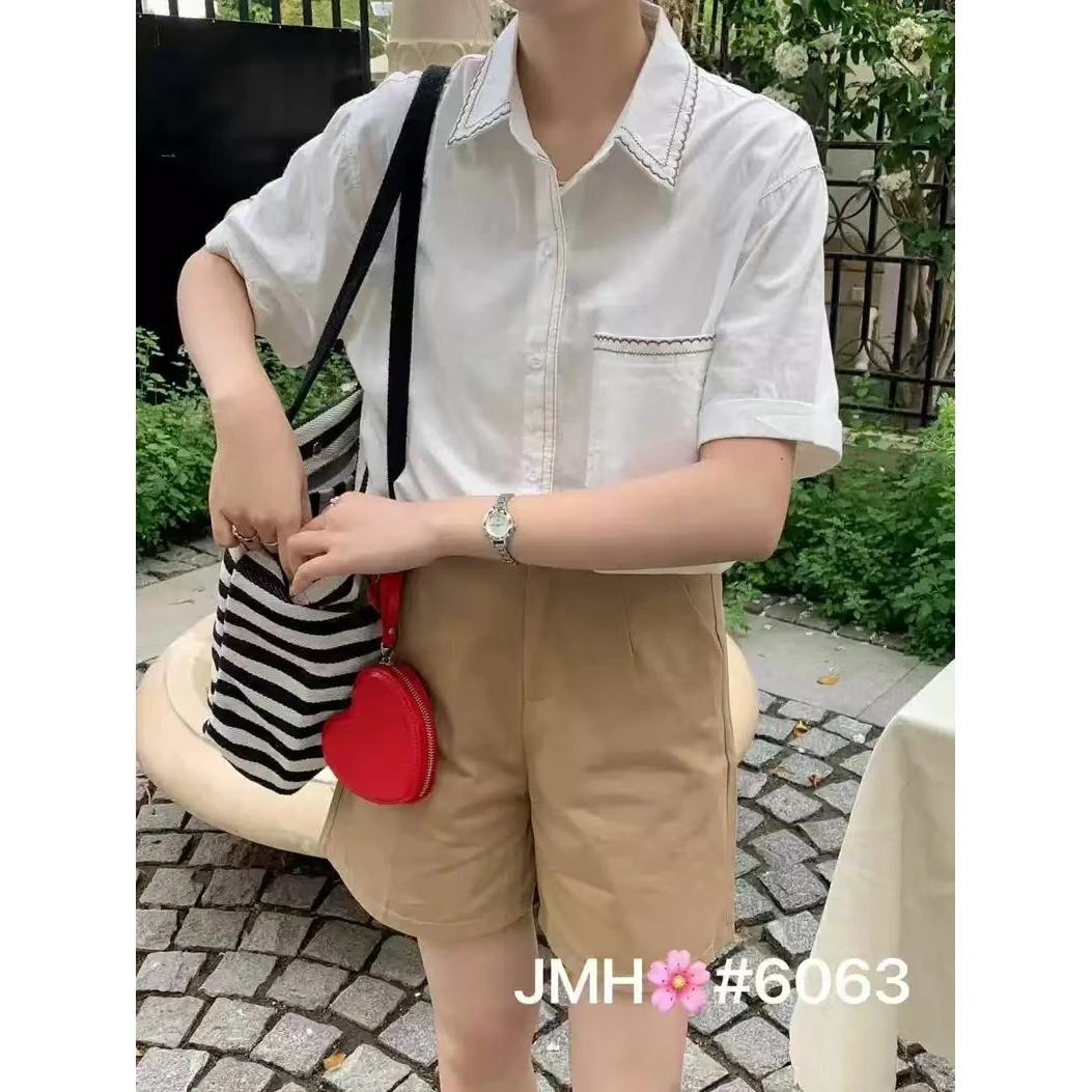 韩版刺绣缝线撞色短袖衬衫ZBS33485衣长74