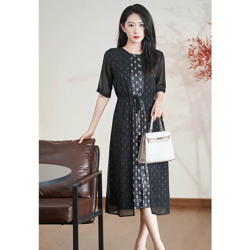 迪欧芙2025年秋季轻奢黑色短袖女装假两件连衣裙#XLQ87835