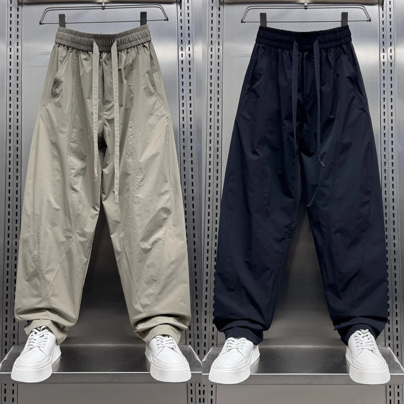 2025夏季薄款男士宽松工装拼接直筒裤潮流网眼透气纯色弯刀休闲裤