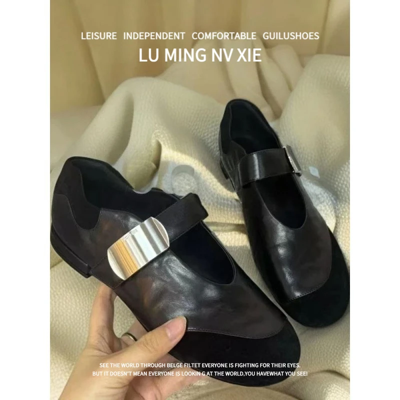 羊皮版~2025新款复古风圆头平跟魔术贴防滑浅口舒适圆头单鞋女款