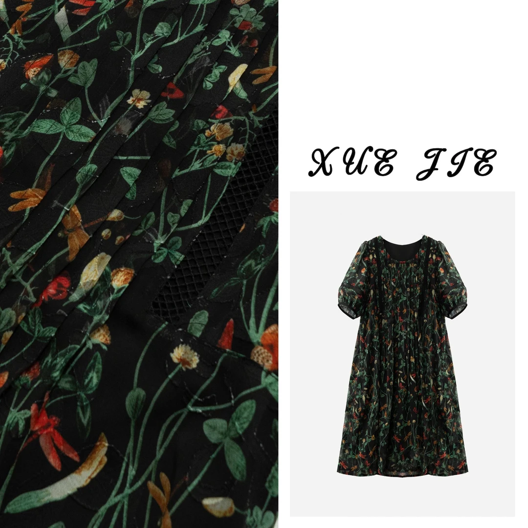 逸焰【雪姐爱当下】-90782春夏季轻职风裙子泡泡袖印花款连衣裙