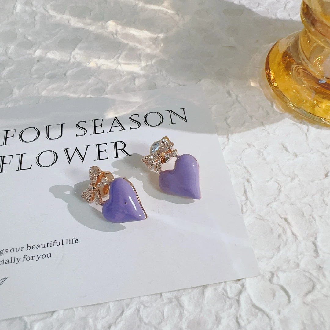 铜合金耳饰 4062 紫色爱心滴油耳钉