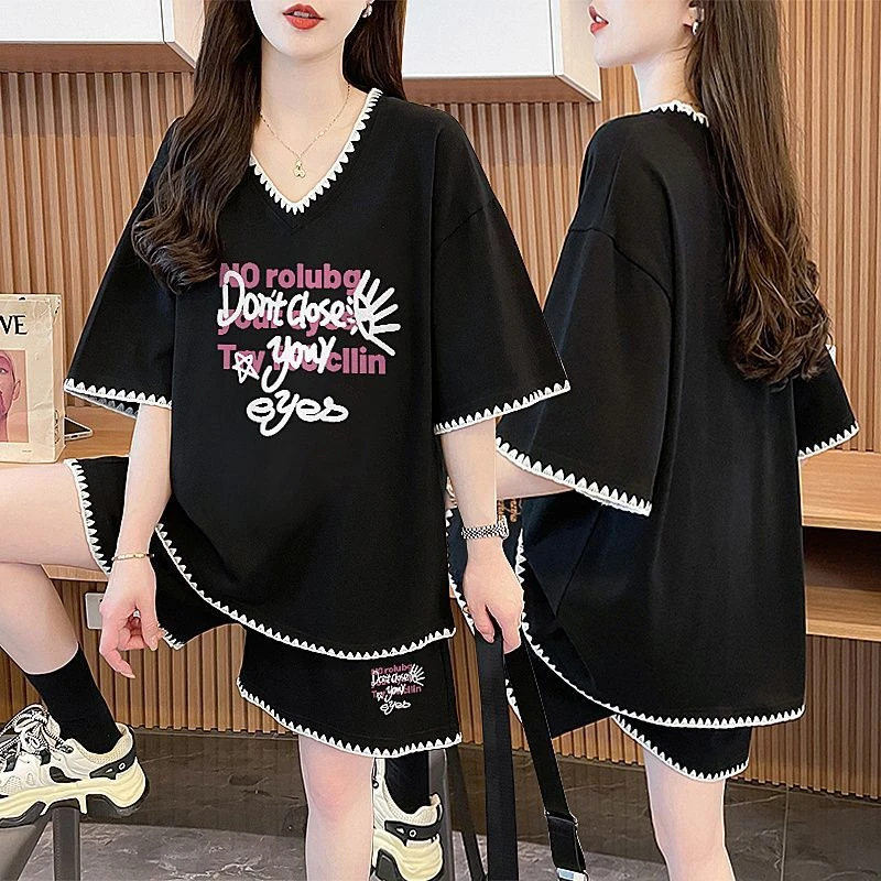 纯棉休闲运动套装女夏季2025新款韩版大码网红时尚短袖短裤两件套