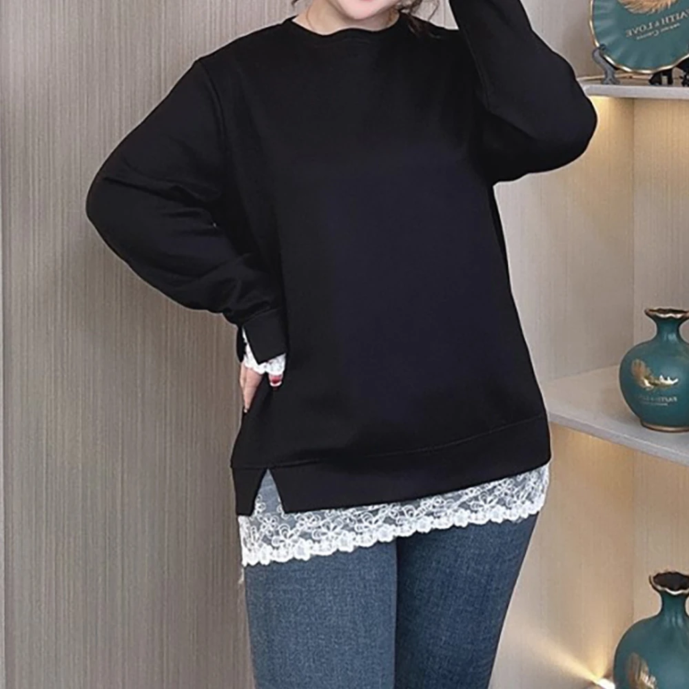 假两件拼接蕾丝花边长袖卫衣2025冬季胖mm别致独特加绒保暖上衣女