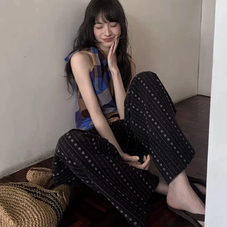 【温蒂家居】棉绸休闲家居裤显瘦加长高腰宽松阔腿裤夏女阔腿防蚊裤