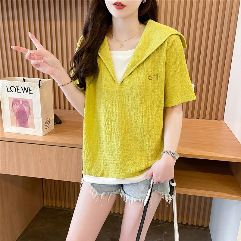 多巴胺穿搭上衣海军领正肩显瘦短袖t恤女韩版宽松时尚洋气夏薄款