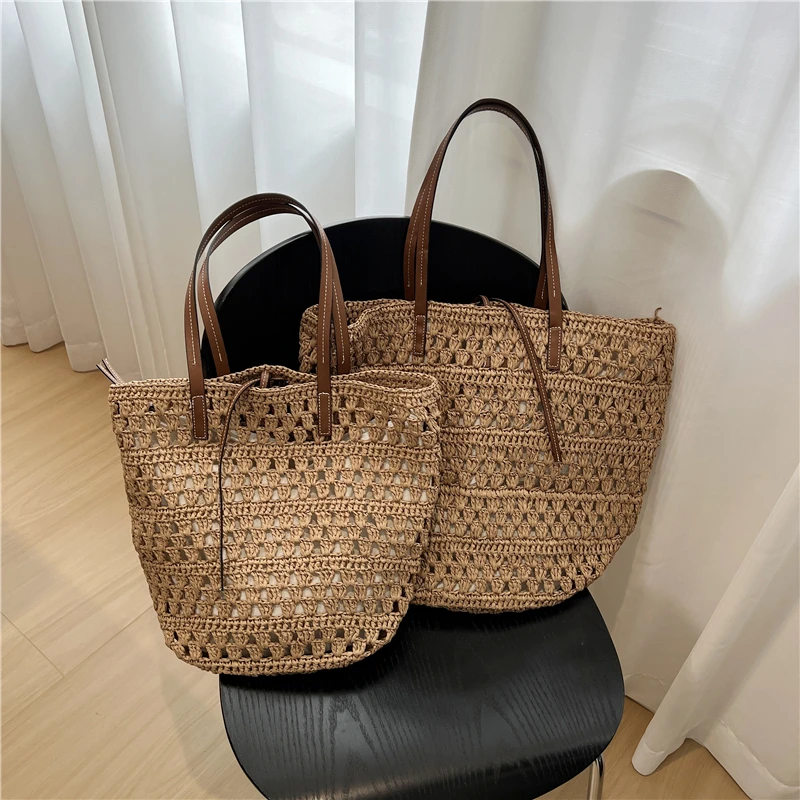 夏天镂空草编包大容量慵懒海边度假风藤编女士时尚子母包