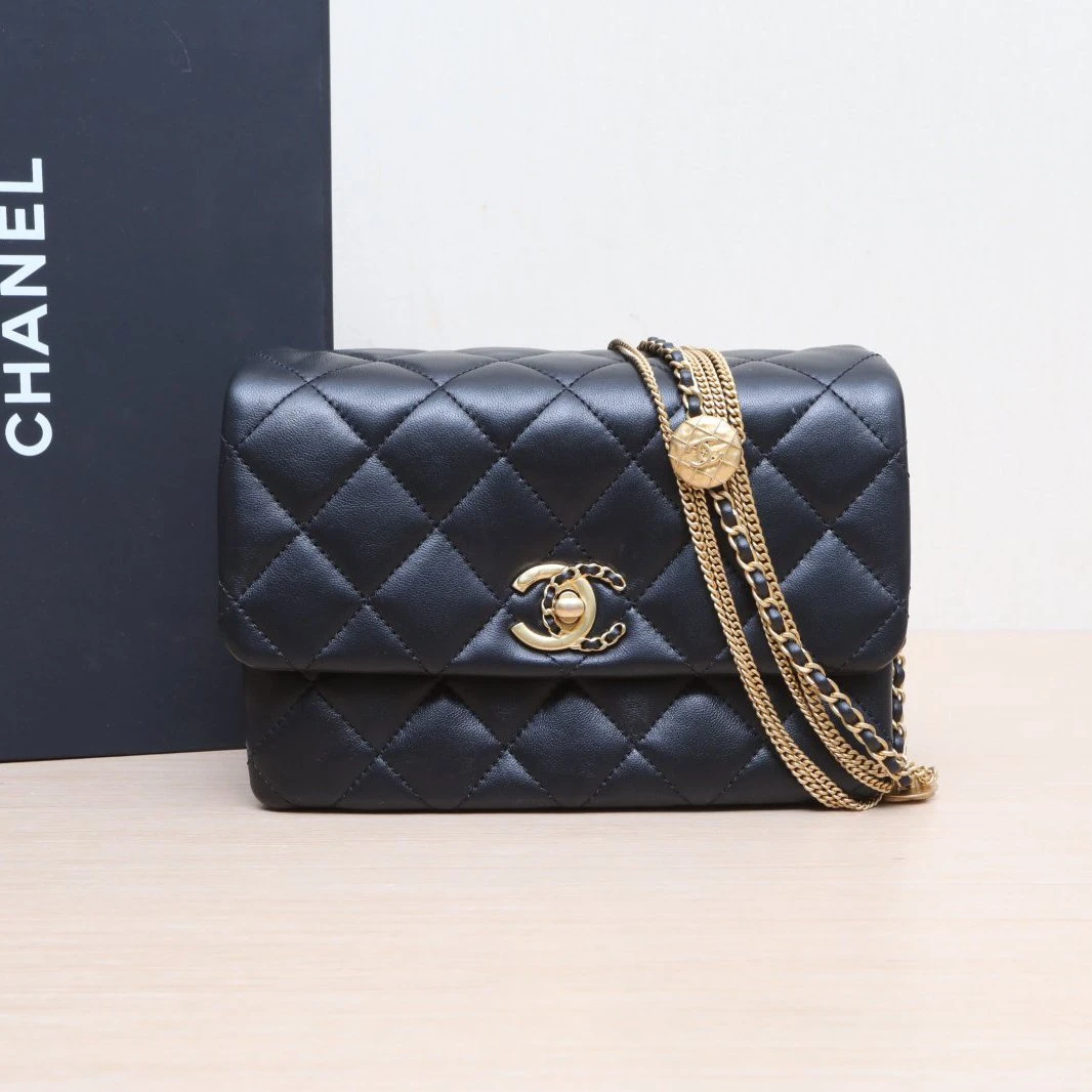 95新 Chanel/香奈儿 【双活动】22A 口盖风琴包 21cm 芯片 金币