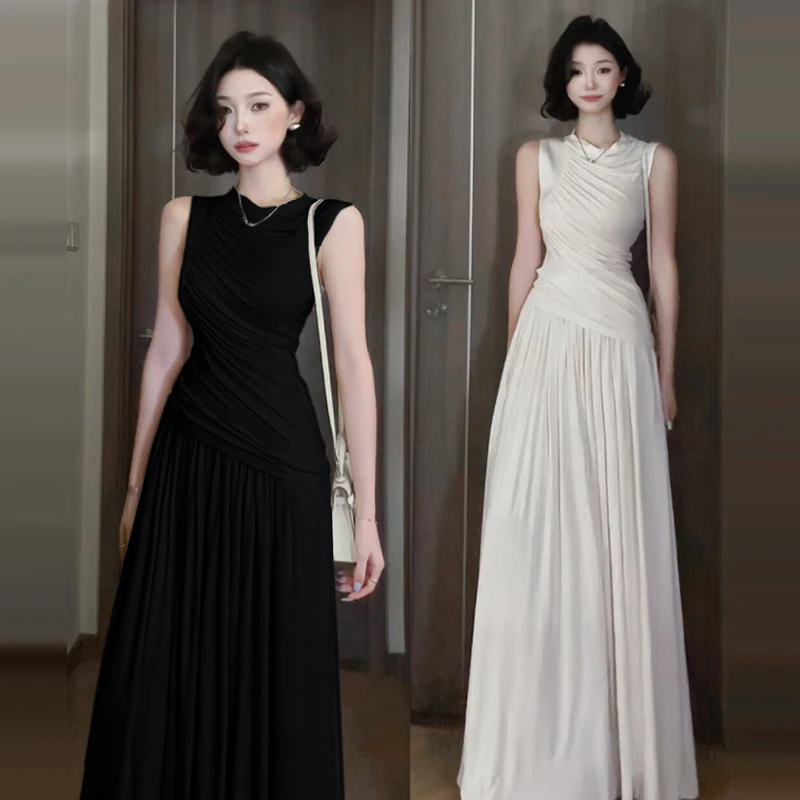 赫本风黑色连衣裙子女夏季2025年新款法式冷淡系别致无袖长裙套装