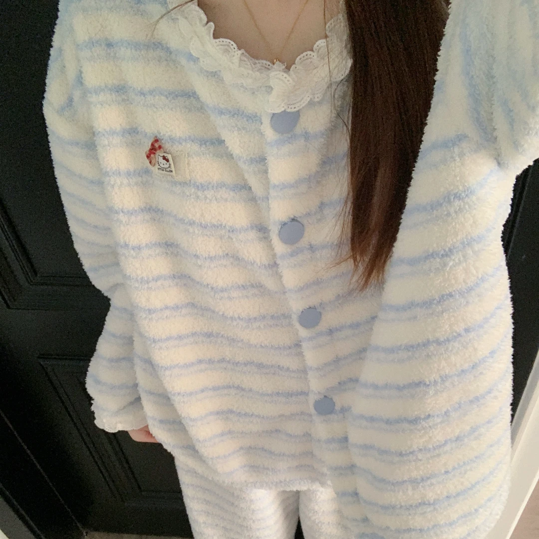 甜美蓝色条纹睡衣女新款冬季加绒加厚半边绒韩系珊瑚绒家居服套装