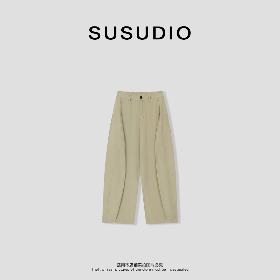 SUSUDIO  老钱风工装裁剪立体弯刀裤修饰腿型宽松休闲裤 40539