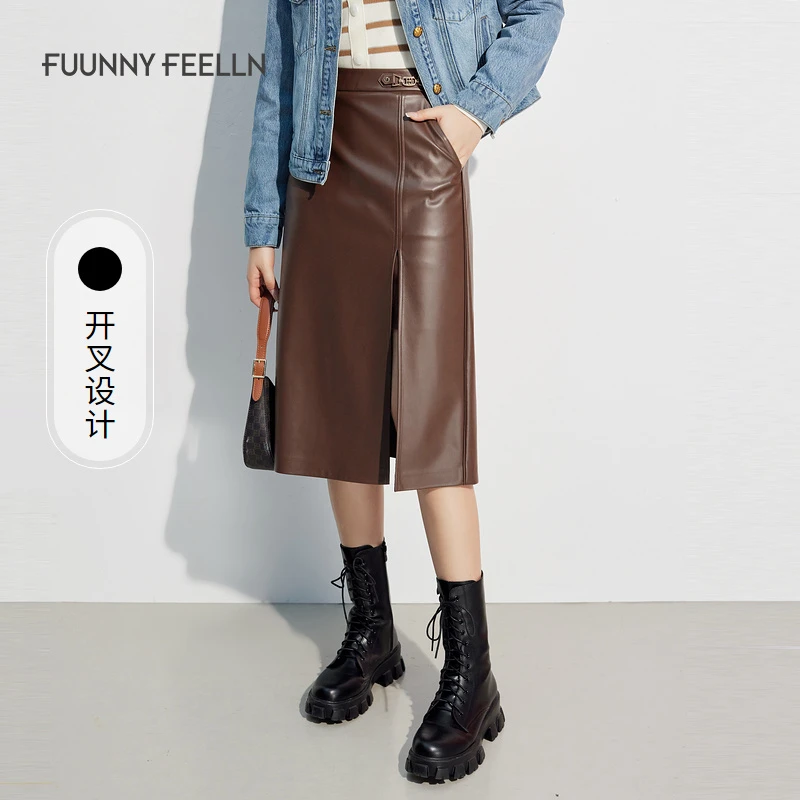 仿佛仿佛春季棕色半裙高腰直筒开叉pu皮设计感半身裙秋季时尚休