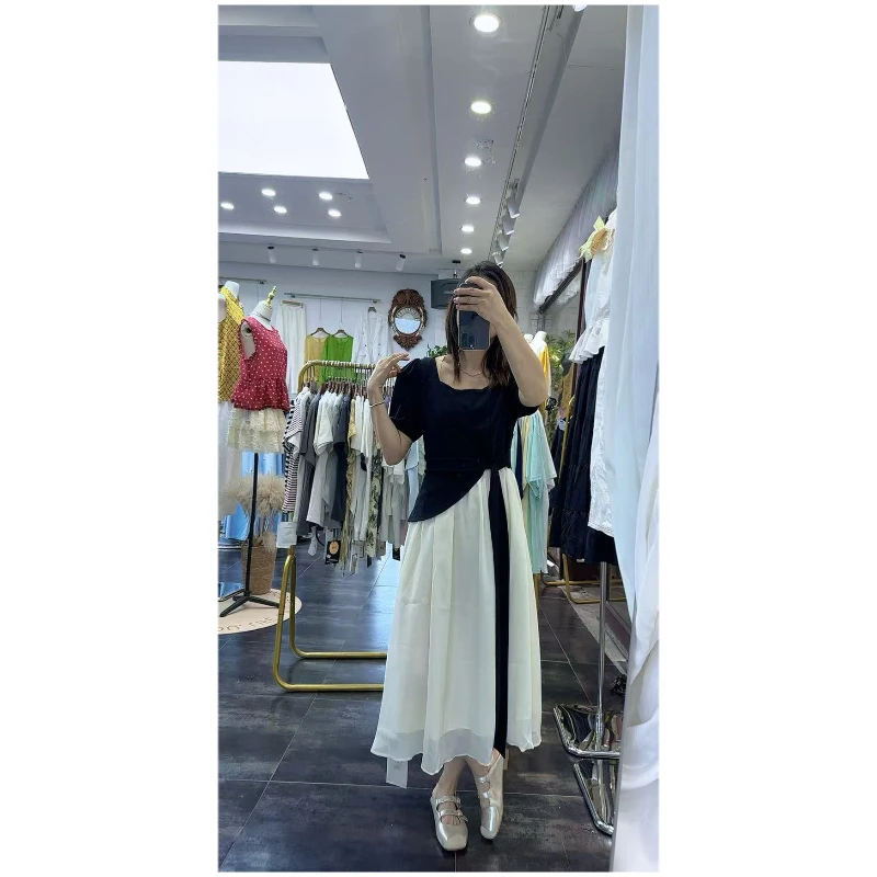 夏季新品法式赫本风假两件连衣裙女气质收腰裙子显瘦气质减龄高档