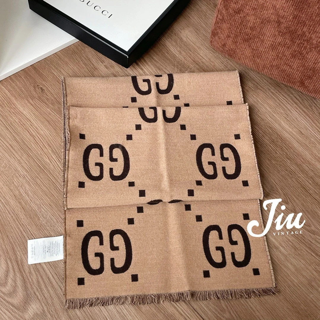 99新 GUCCI/古驰 棕色双G双面提花围巾190*35cm BJM2-7380