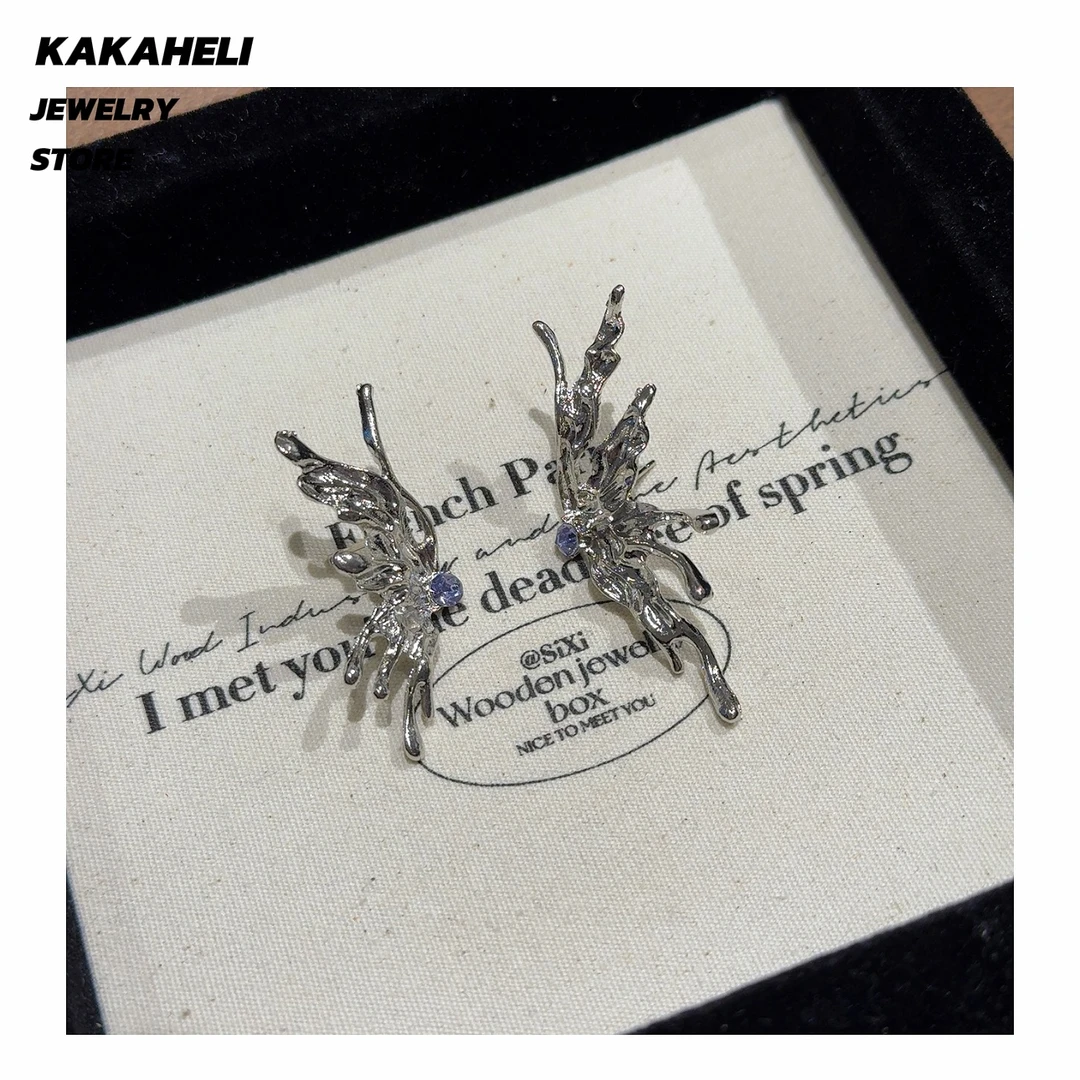 铜合金合成锆石耳饰 堕落天使版不对称个性蝴蝶耳钉  KK6509