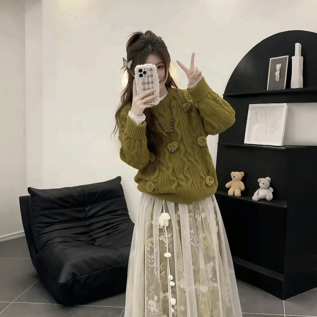 2025超火冬装一整套韩系慵懒松弛感花朵针织毛衣网纱半身裙套装女