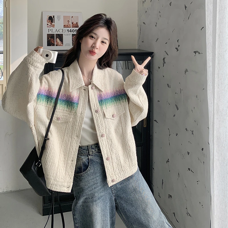 渐变色刺绣宽松米色外套女春秋2025新款夹克休闲超火韩系今年流行