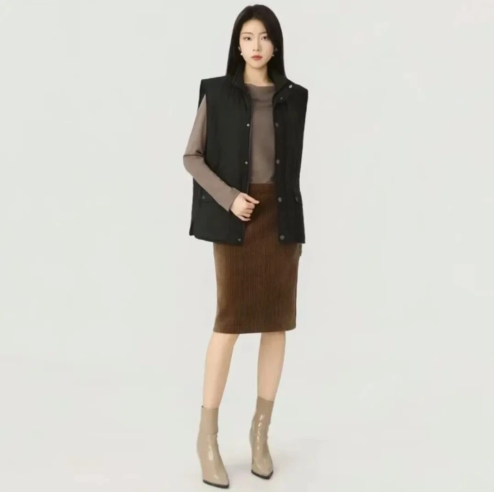 AMASS修身型立领单排扣拉链厚款女马夹黑色中长款修身休闲