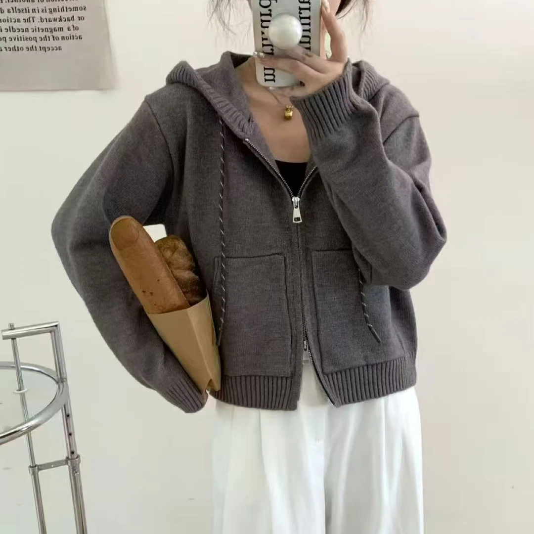女毛针织衫女士秋季加厚连帽开衫上衣毛衣百搭