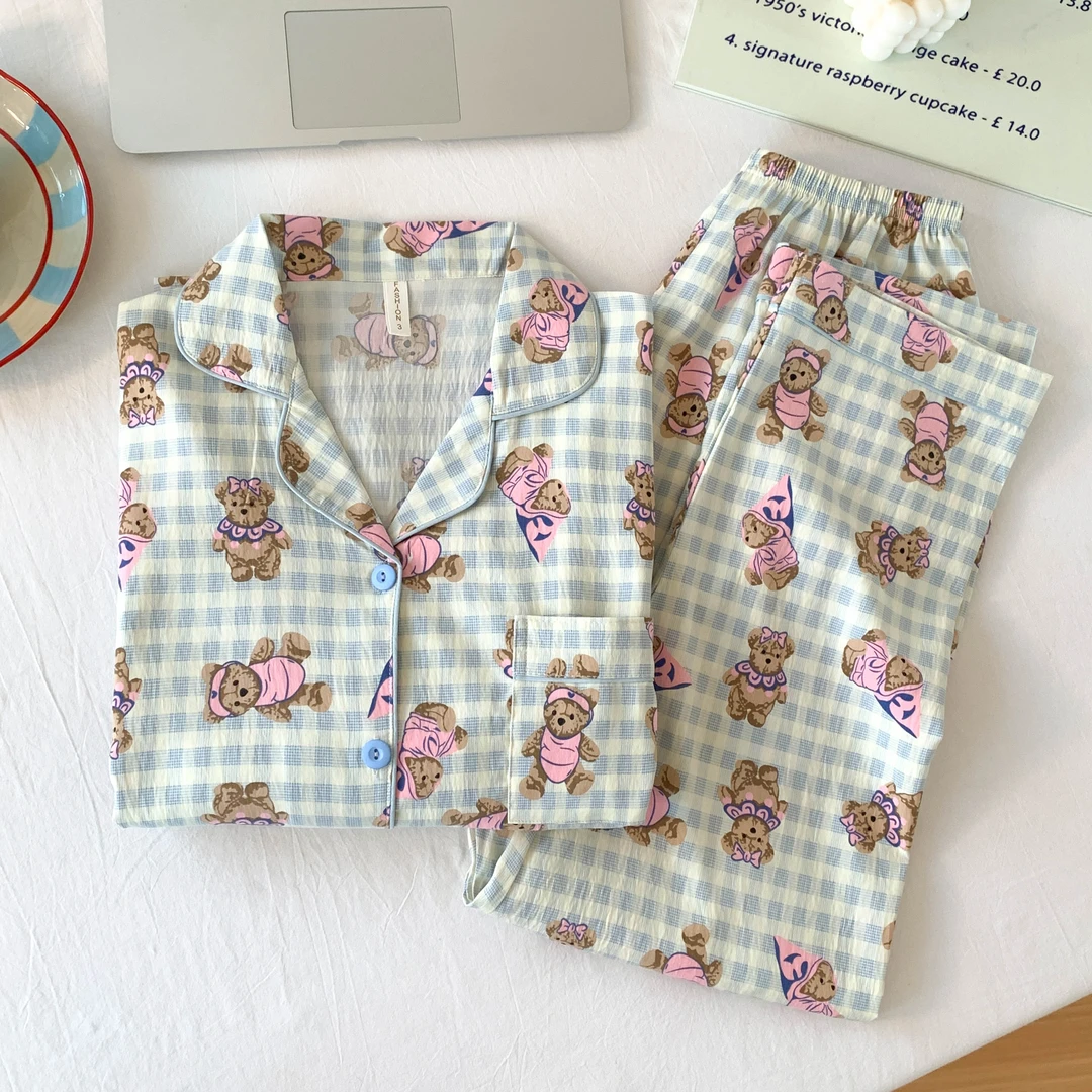 2025年春秋季可爱女生新款长袖可外穿撞色格纹卡通小熊休闲家居服