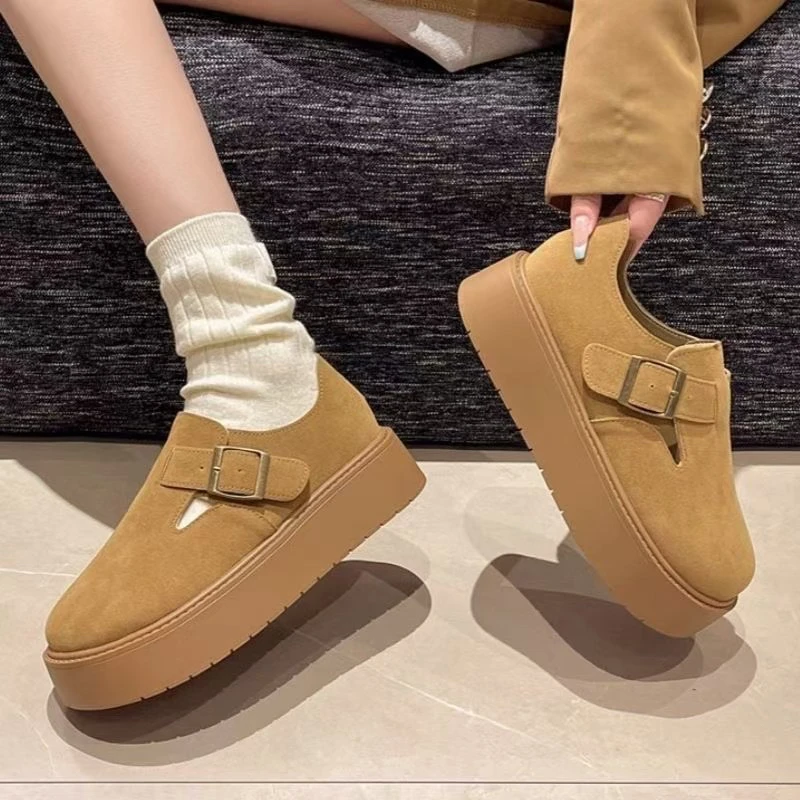 圆头搭扣青年松糕鞋单鞋纯色乐福鞋一字式扣带