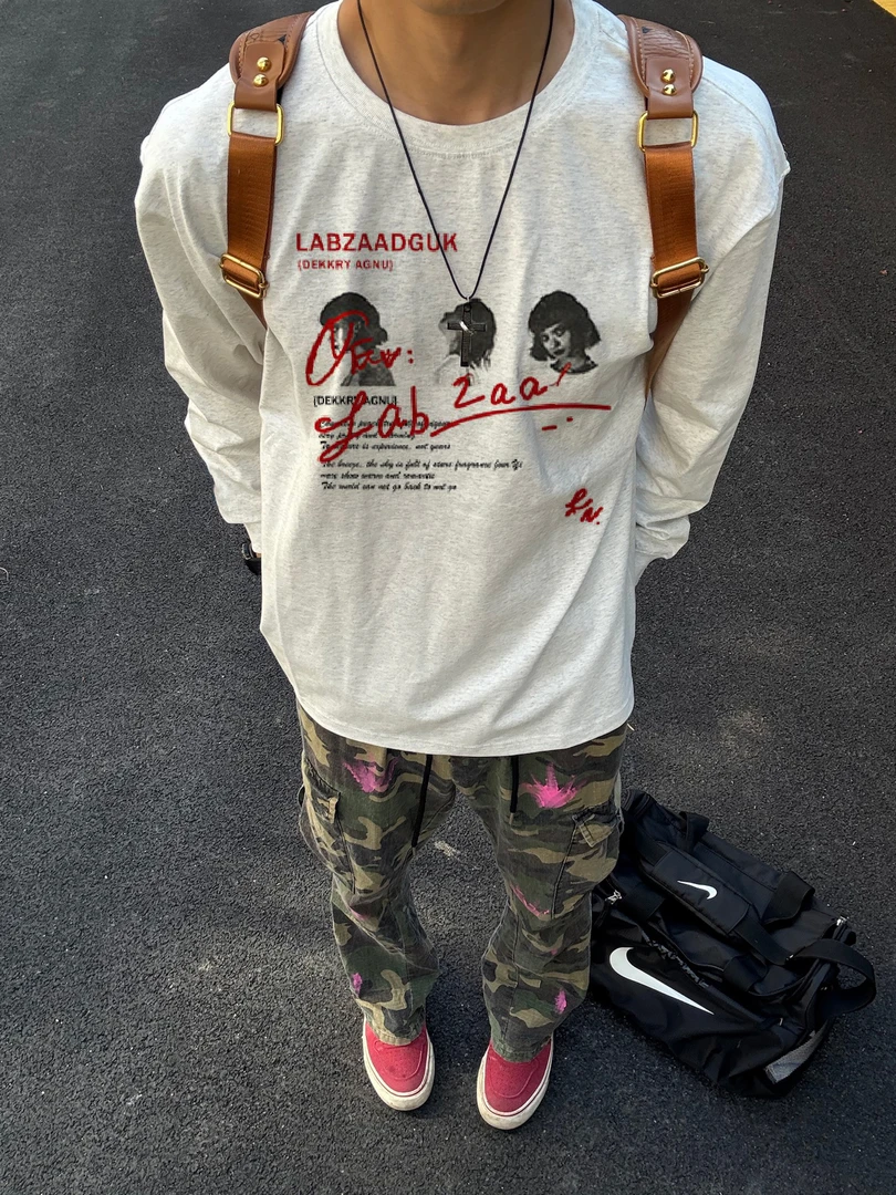 【重磅纯棉】小众设计感印花长袖T恤宽松圆领打底潮牌早秋百搭上衣T