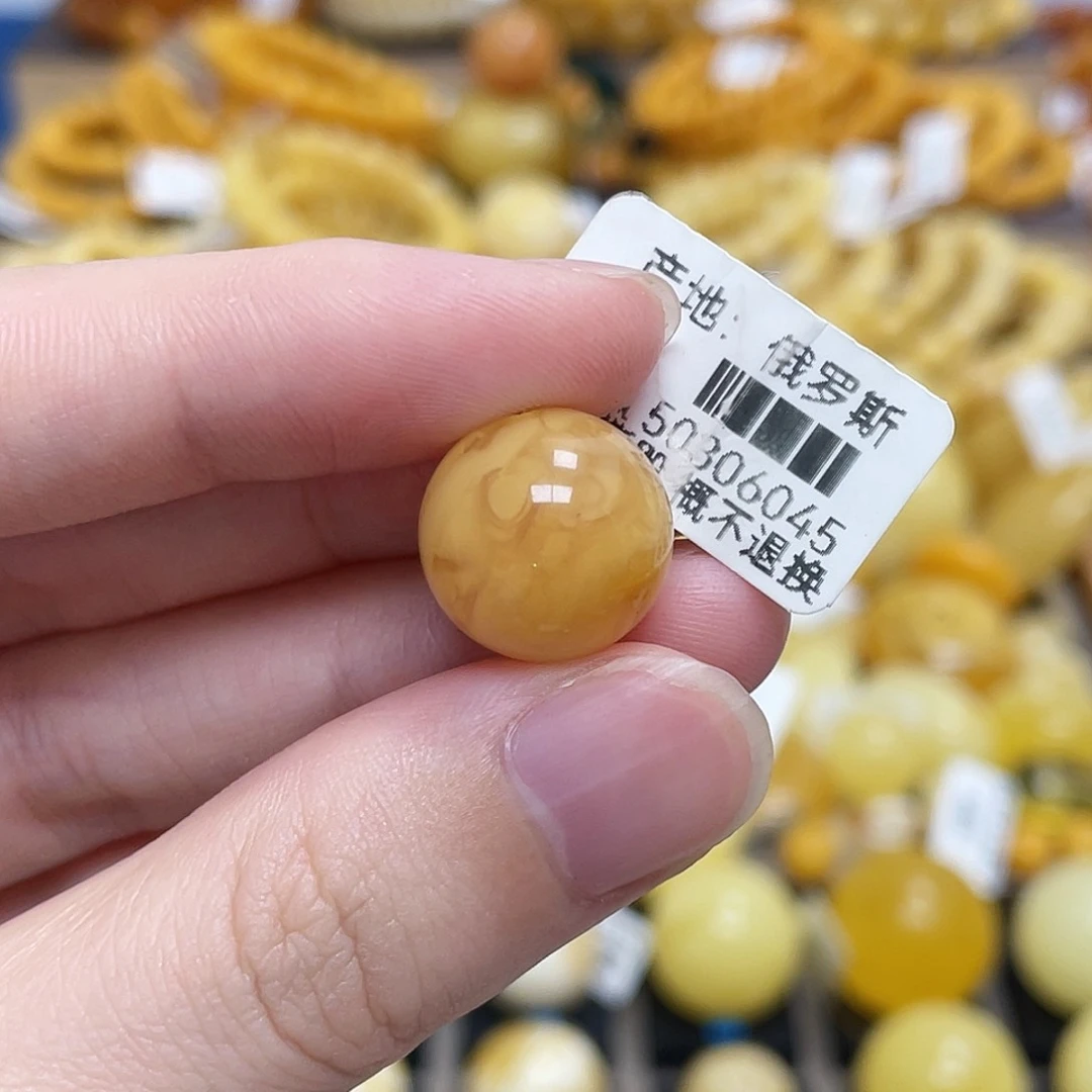 蜜蜡未镶嵌珠宝奇石圆珠鸡油红满蜜虎皮妖花14.3mm沁色