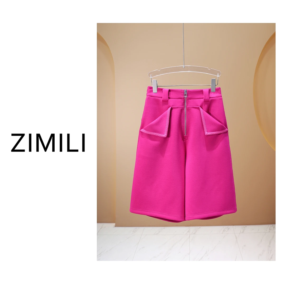 【亮哥女装】2025欧版《惊鸿》洋红色立裁拼接高克重休闲短裤7925-H5