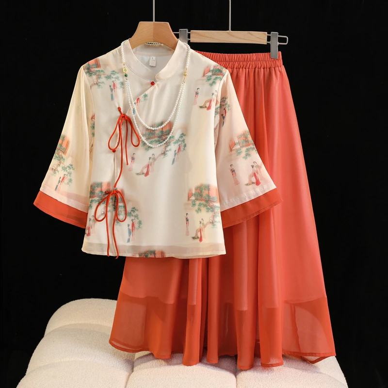 夏季新款中式复古旗袍上衣国风雪纺唐装改良汉服禅茶服套装女