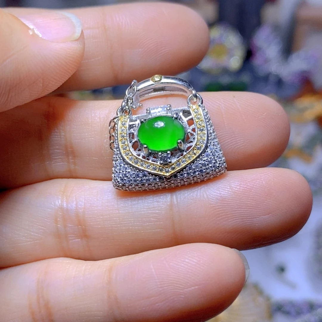 翡翠耳钉银S925镶嵌天然翡翠