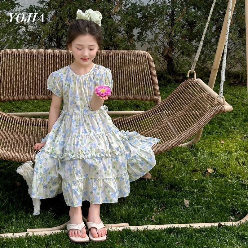 YOJIA女童连衣裙夏装2025新款洋气泡泡袖大童裙子夏季儿童公主裙
