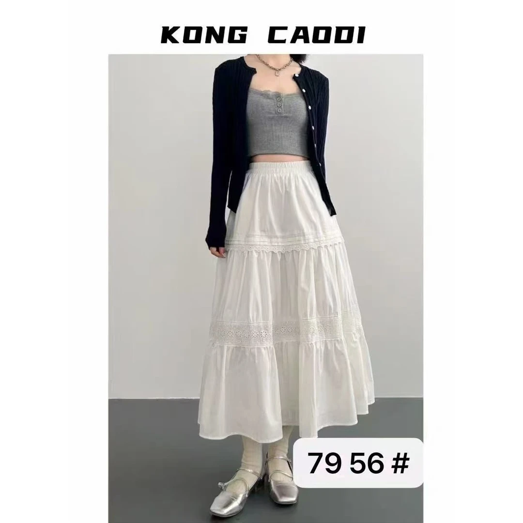 【Amy花猫】法式高腰白色蕾丝半身裙女春季中长款蛋糕裙A字半裙