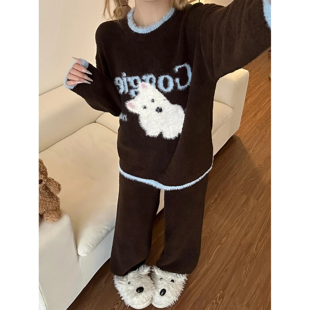 美拉德穿搭卡通小狗针织半边绒保暖睡衣女秋冬加厚保暖家居服套装
