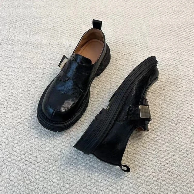 羊皮版~厚底魔术贴真皮乐福鞋女英伦风粗跟深口单鞋黑色jk小皮鞋