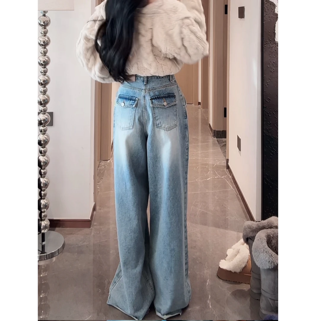 【专属】浅色后口袋翻盖牛仔阔腿裤加绒版/不加绒秋冬长款时尚