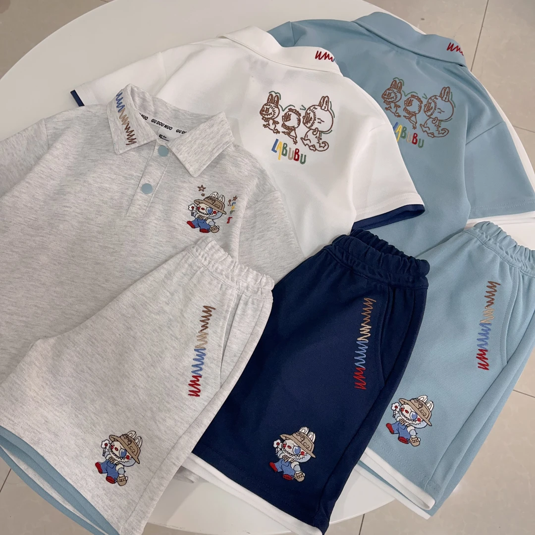 夏季新款儿童短袖套装 男童女童polo领两件套 刺绣纯棉 拉布布