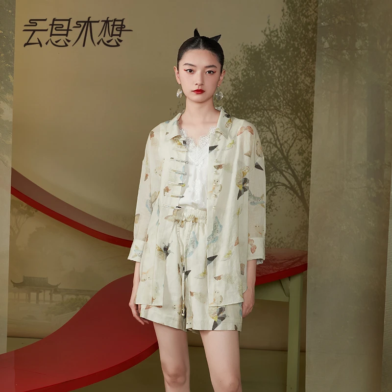 【丹丹仙专属】Ysimo-X云思木想2024夏季门襟盘扣印花长袖衬衫11972