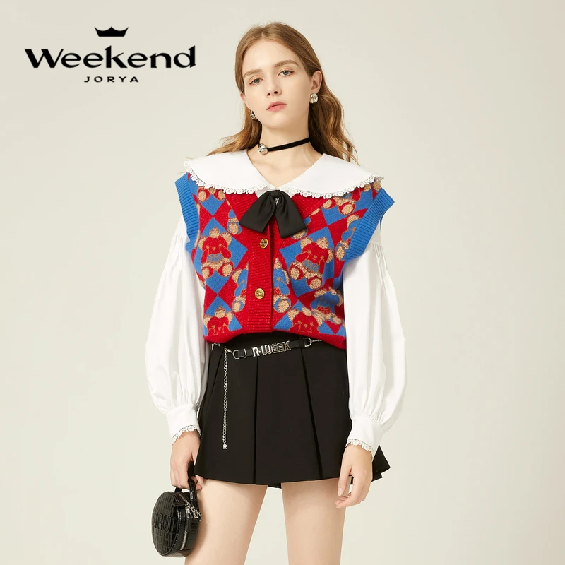 【辛小北专属】卓雅周末棋盘格小熊针织马甲无袖开衫EJWDDR16