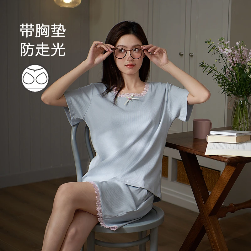 思莉太太【云中日记】带胸垫睡衣女夏季薄款甜美蕾丝领小个子家居服