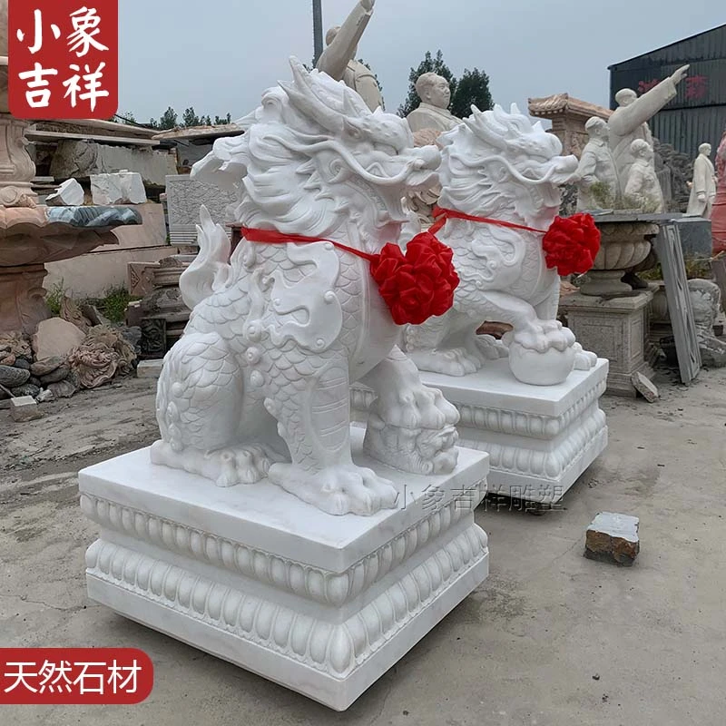 石雕新款麒麟汉白玉庭院家用门墩天然石材原石篆刻神兽摆件别墅