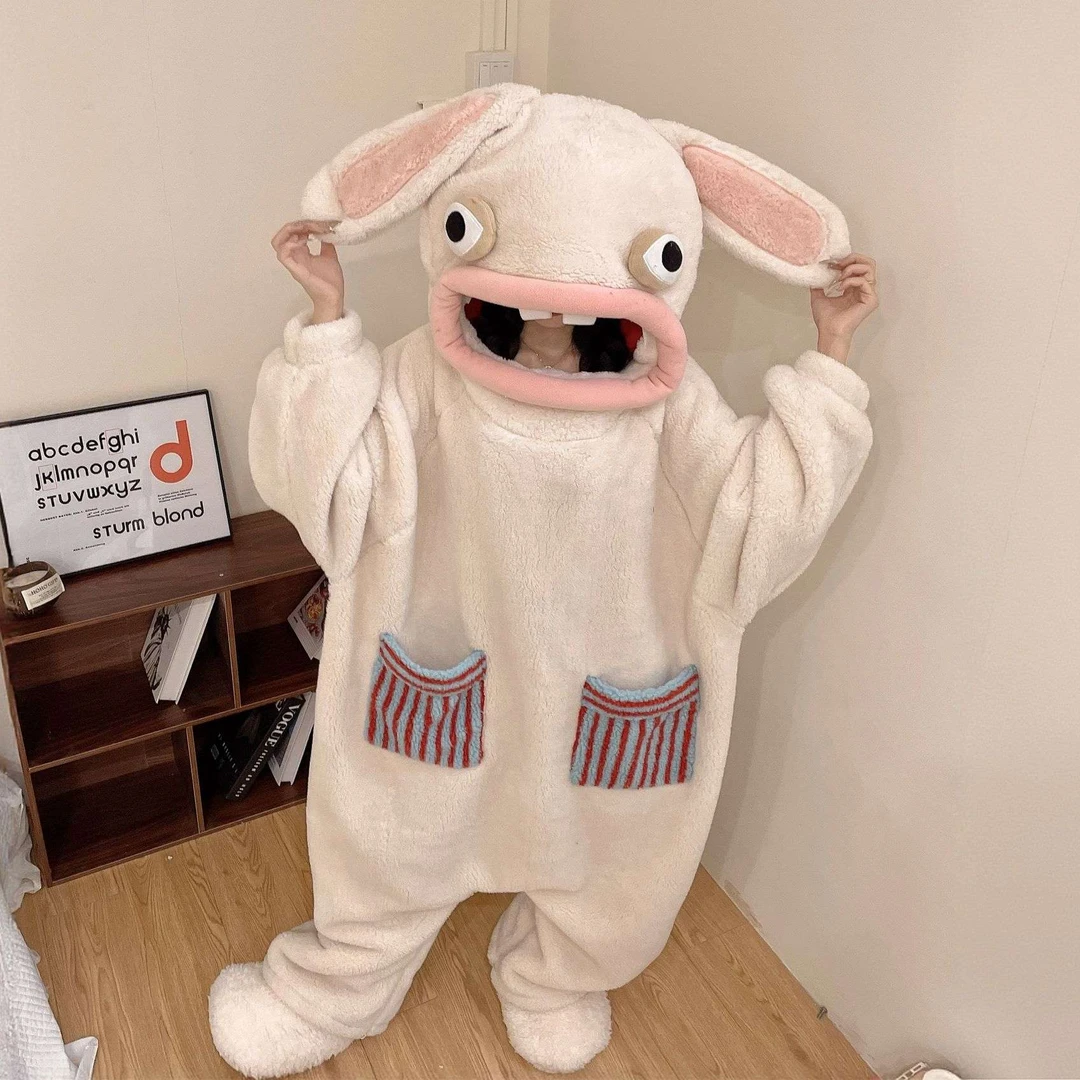 FAVMARTHA疯狂的兔子连体睡衣新款秋冬季搞怪抽象连帽睡袍珊套头