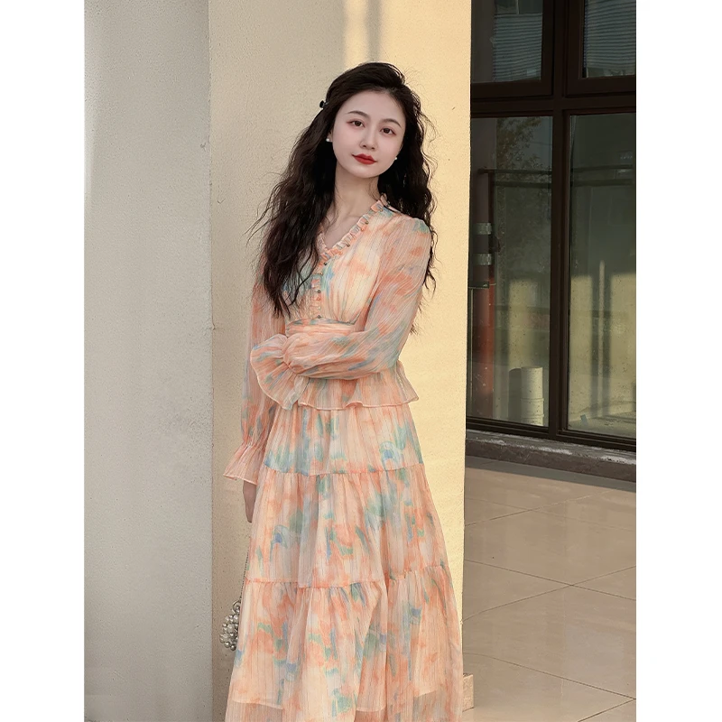 【落日海岸】小娜椒小个子春夏晕染V领长袖收腰衬衫半身裙套装女