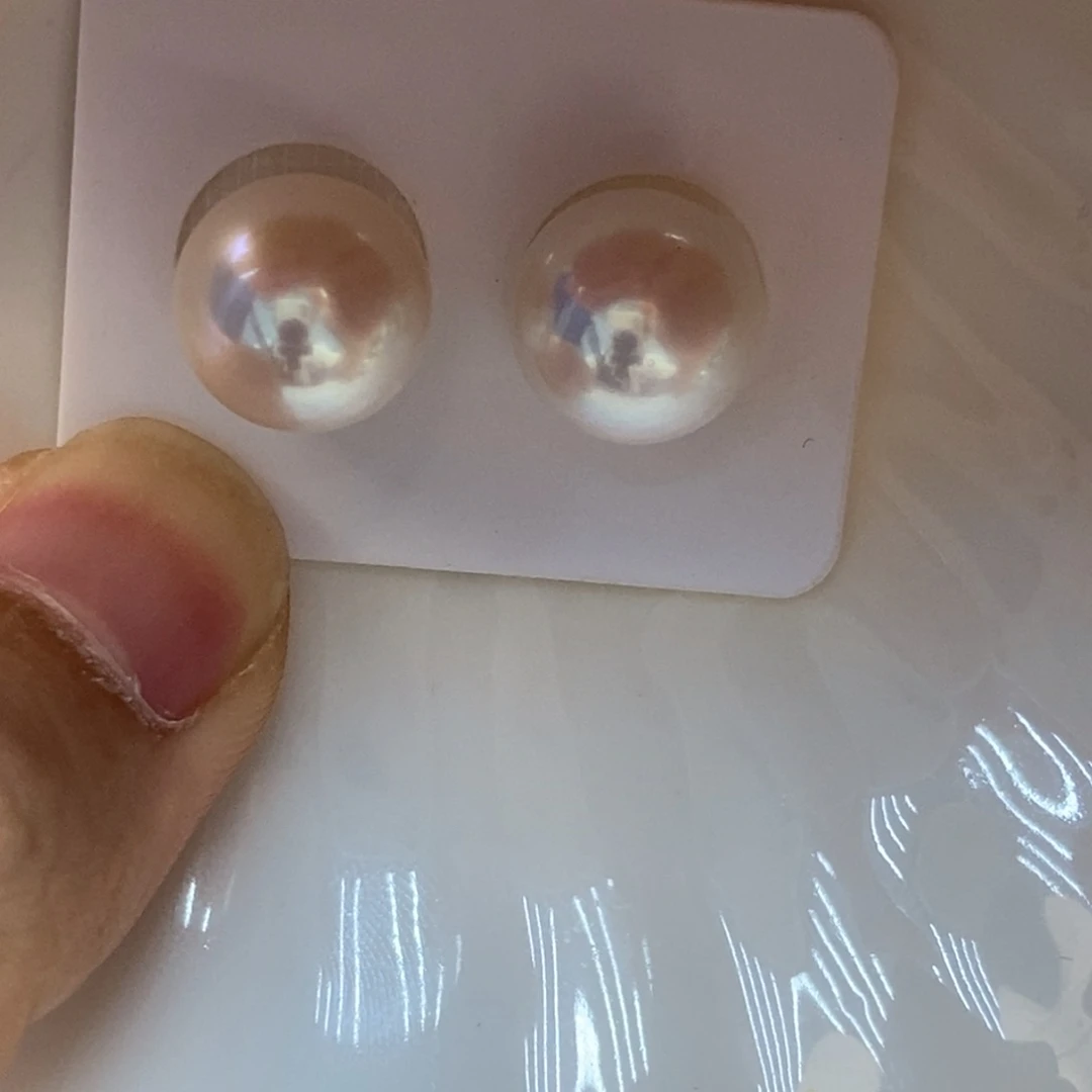 银S925镶嵌淡水珍珠12-13耳钉正圆