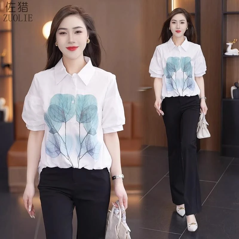 时尚小清新衬衫女短袖2025年夏季新款时尚休闲翻领树叶印花泡泡袖