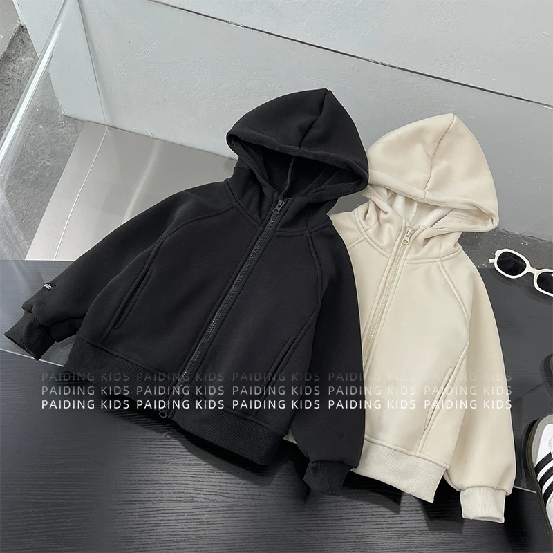 阿卷冬装儿童韩版时尚简约百搭休闲宽松连帽加绒外套上衣HCXZ4601