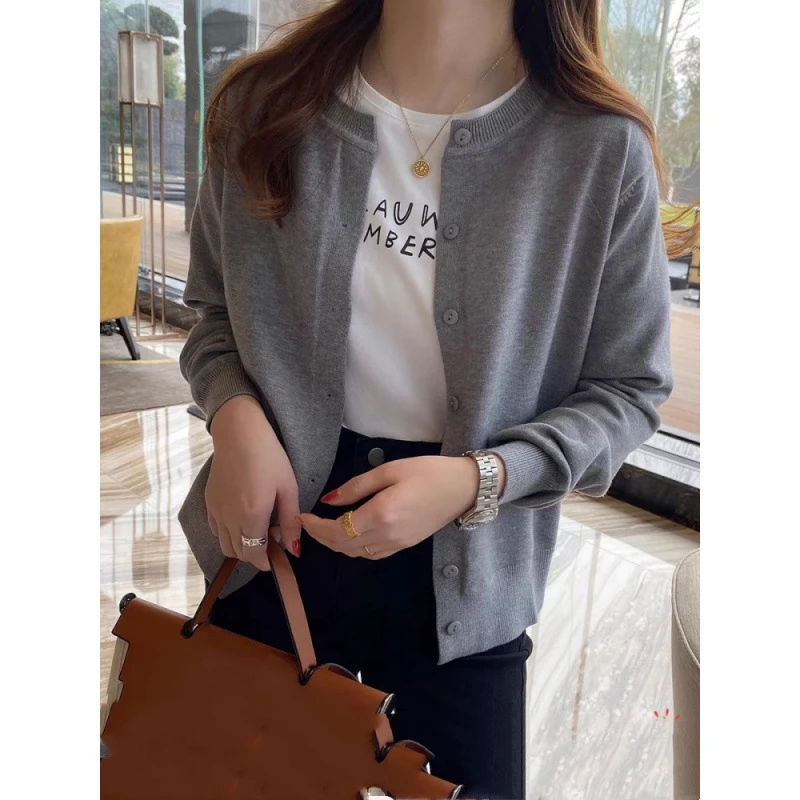 灰色针织开衫毛衣外套女2025春秋新款外搭洋气百搭针织衫长袖软糯